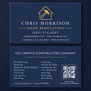 Home Renovation Metallic Navy Blue Gold QR Code Business Card