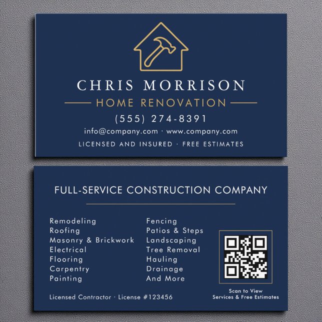 Home Renovation Repair Navy Blue Gold QR Code Business Card (Creator Uploaded)