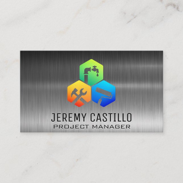 Home Repair Construction Icons | Metallic Business Card (Front)
