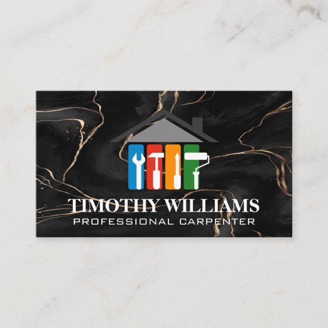 Home Repair Tools Logo | Black Marble Business Card (Front)
