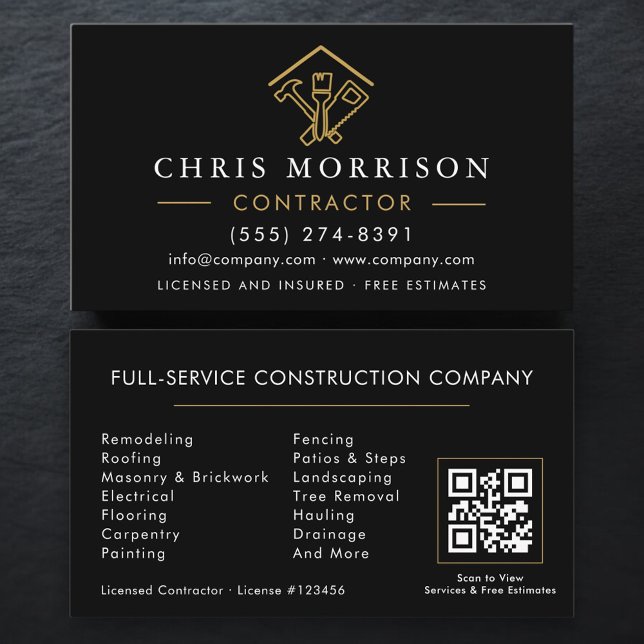 Home Repairs Contractor Black Gold QR Code Business Card (Creator Uploaded)