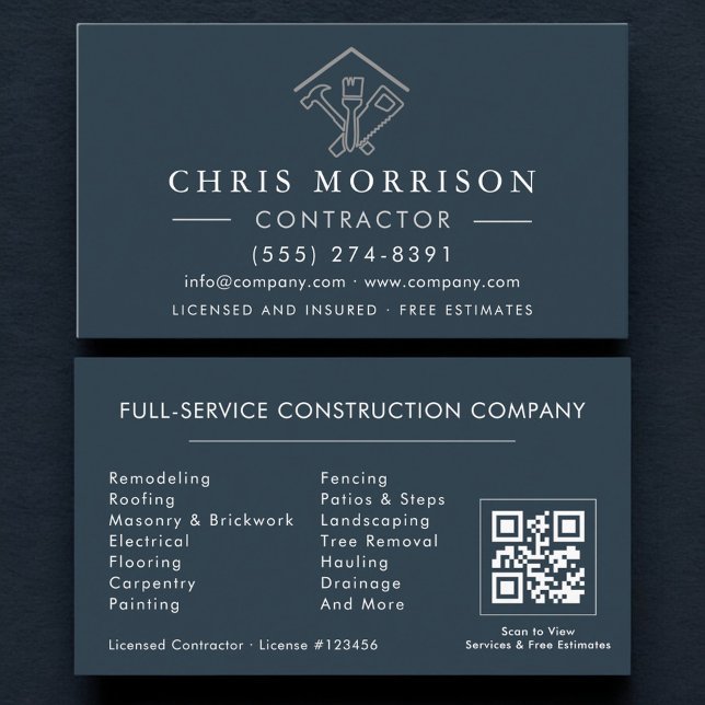 Home Repairs Contractor Blue Silver QR Code Business Card (Creator Uploaded)