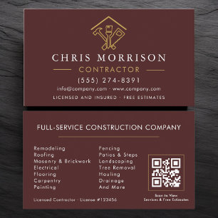 Home Repairs Contractor Burgundy Gold QR Code Business Card