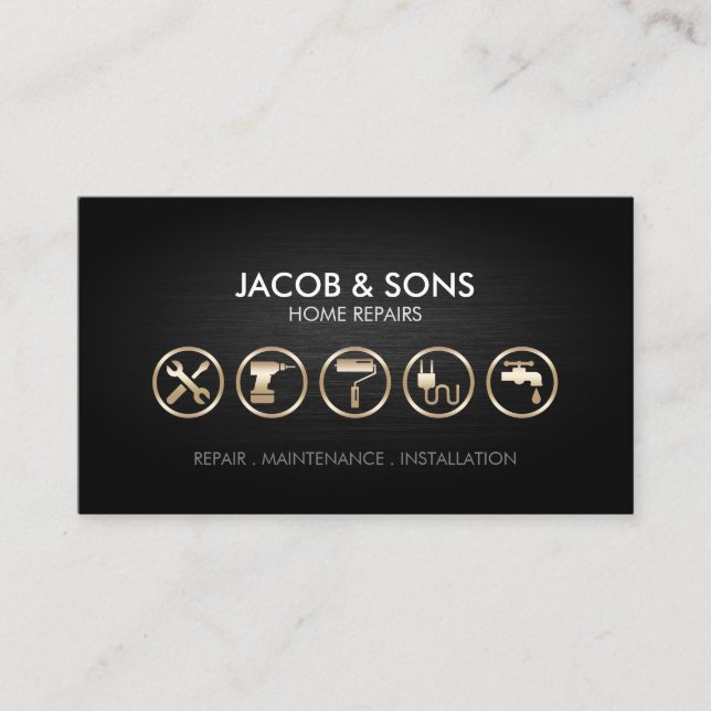 Home Repairs Gold Icons Metal Grunge Business Card (Front)