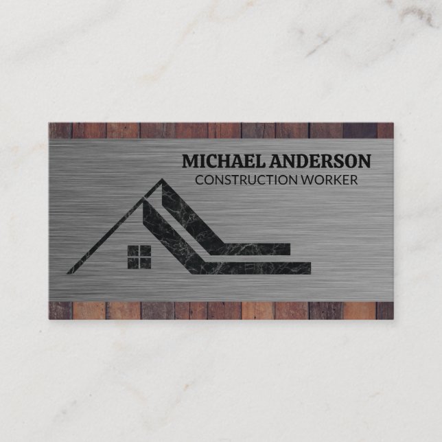 Home Roof Top Marble Logo | Metal Wood Business Card (Front)