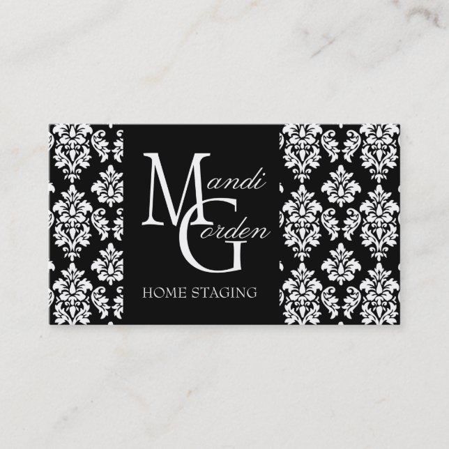 Home Staging Monogram Damask Business Cards (Front)