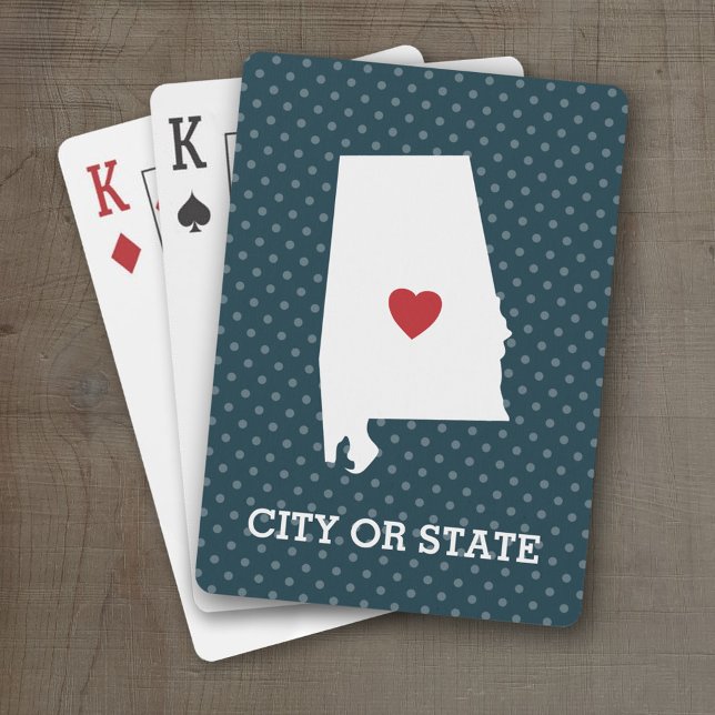 Home State Artwork with City Option - Alabama Playing Cards (Personalized Playing Cards with a State Map, Movable Heart and Name)