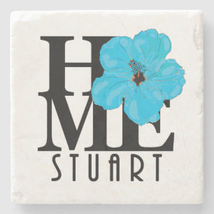 HOME Stuart Florida Blue Hibiscus Stone Coaster