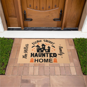 Home Sweet HAUNTED Home orange personalised Doormat