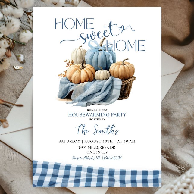 Home Sweet Home Blue Gingham Pumpkin Housewarming Invitation (Creator Uploaded)