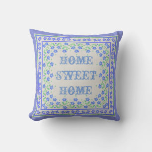 Home Sweet Home Blue Periwinkles Floral Faux Linen Cushion