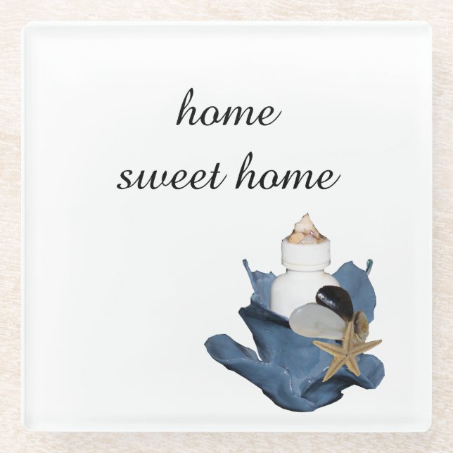 Home sweet home blue seashell bouquet coastal  glass coaster (Front)