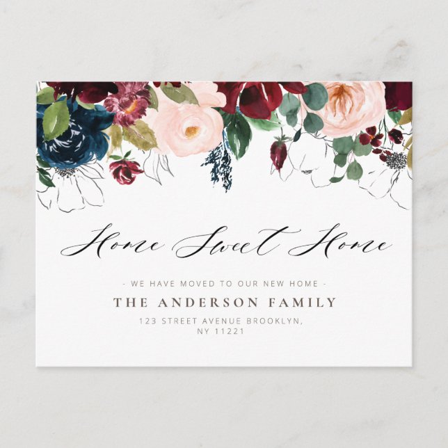 HOME SWEET HOME burgundy navy floral moving Postcard (Front)