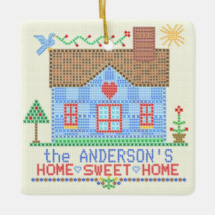 Home Sweet Home Cross Stitch House Personalised Ceramic Ornament