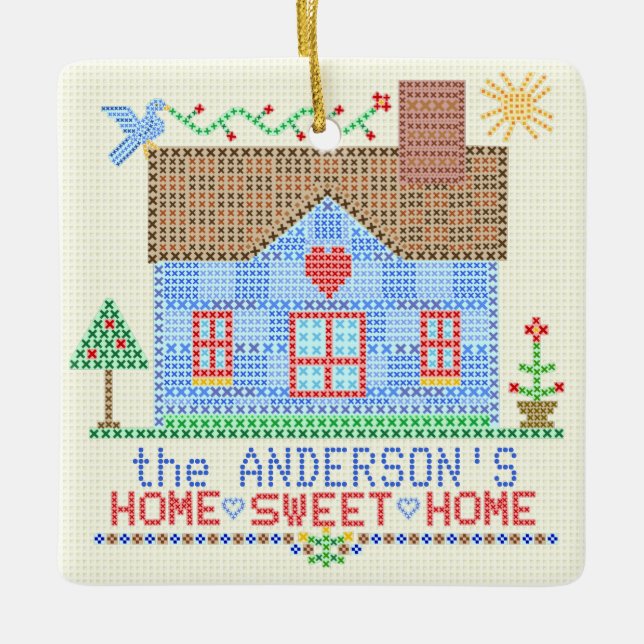 Home Sweet Home Cross Stitch House Personalised Ceramic Ornament (Front)