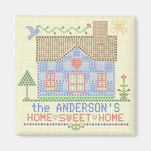 Home Sweet Home Cross Stitch House Personalised Magnet