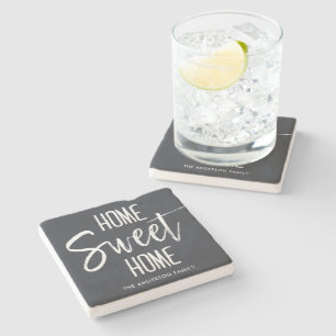 Home Sweet Home   Custom Family Name Grey Stone Coaster