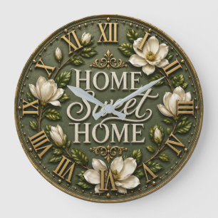 Home Sweet Home Elegant Magnolia Floral Farmhouse Large Clock