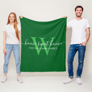 home sweet home,family green white monogram fleece blanket
