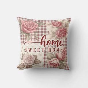 Home Sweet Home Floral Rose Gingham Housewarming Cushion