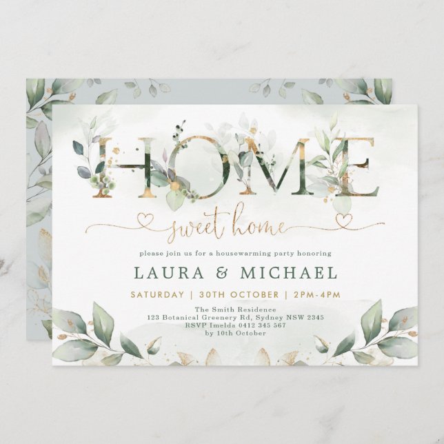 Home Sweet Home Greenery Gold Housewarming Party Invitation (Front/Back)