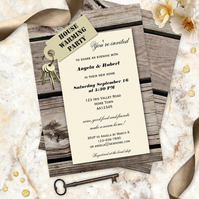 Home Sweet Home Housewarming Party Invitations (Housewarming party invitation featuring keys with a vintage label on wood and wallpaper)