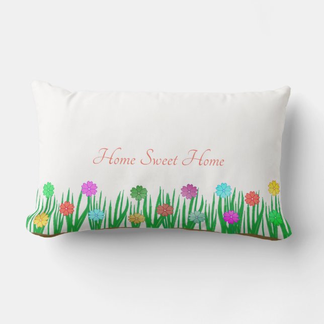 Home Sweet Home & Multicolored Flowers on White Lumbar Cushion (Front)