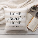 Home Sweet Home Personalised Striped Cushion<br><div class="desc">Simply charming in a rustic modern style,  our striped throw pillow makes a sweet housewarming gift. Design features light tan beige and white horizontal stripes with "home sweet home" in brushed black script and block typography. Personalise with your family name and year established beneath in matching lettering.</div>