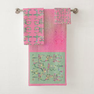 "Home Sweet Home" Pink and Green Bath Towel Set
