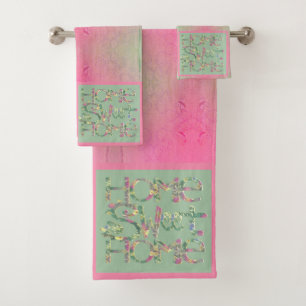 "Home Sweet Home" Pink and Green Bath Towel Set