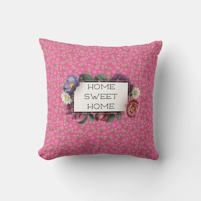 Home Sweet Home Pink Roses Reversible Throw Pillow (Front)