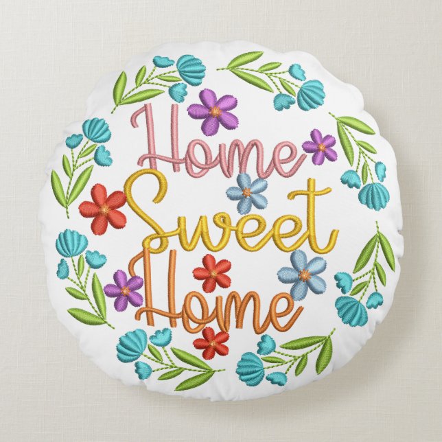 Home Sweet Home Quote Beautiful Colour Flowers Round Cushion (Front)