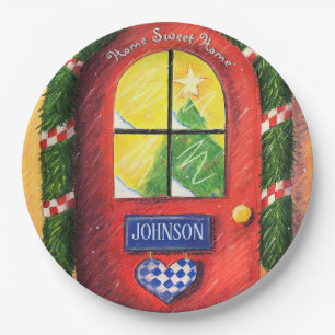 Home Sweet Home - Red Cozy Christmas Front Door Paper Plate