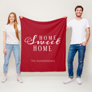 Home Sweet Home Red White Script Family Name Fleece Blanket