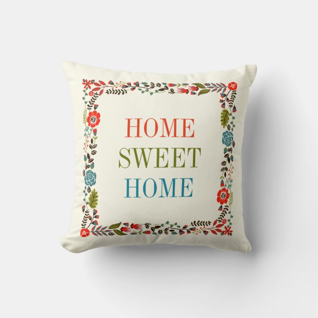 "HOME SWEET HOME" spring floral border teal, red Cushion (Front)