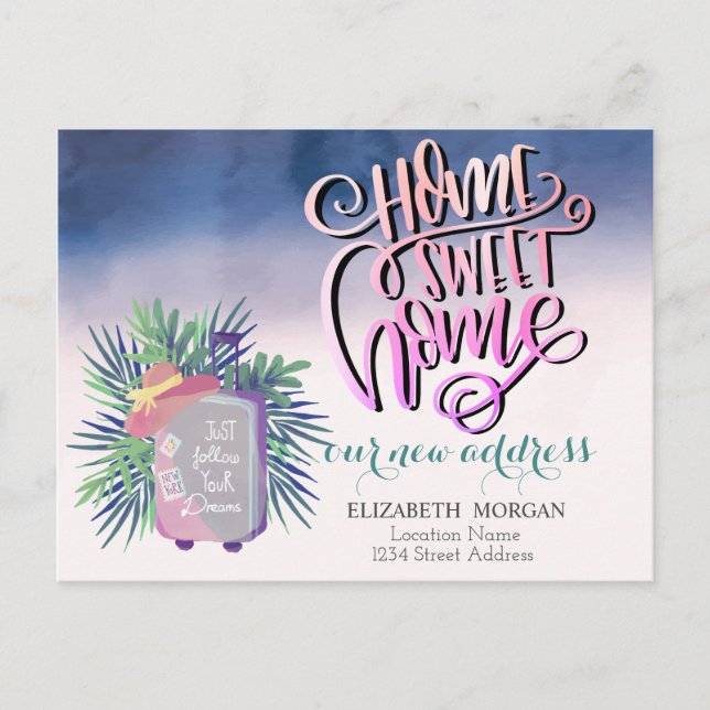 Home Sweet Home,Suitcase Palm Leaf New Address Announcement Postcard (Front)