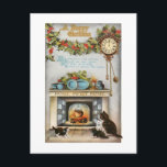 Home Sweet Home Vintage Christmas Hearth Postcard<br><div class="desc">Cosy and nostalgic restored vintage Christmas card illustration featuring hanging pot over glowing fire with four kitties looking on. Fireplace is decorated for Christmas with festive holly and on the wall is a cuckoo clock and Home Sweet Home poem. Back features complementary holly graphic and editable text fields.</div>