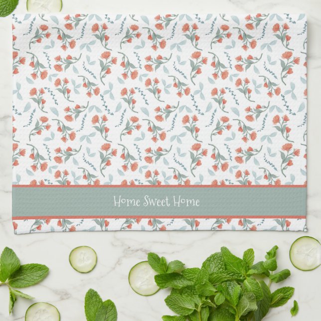Home Sweet Home Watercolor Floral Pattern Tea Towel (Folded)