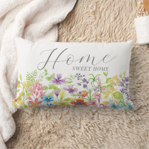 Home Sweet Home Watercolor Wildflowers Cute Lumbar Cushion