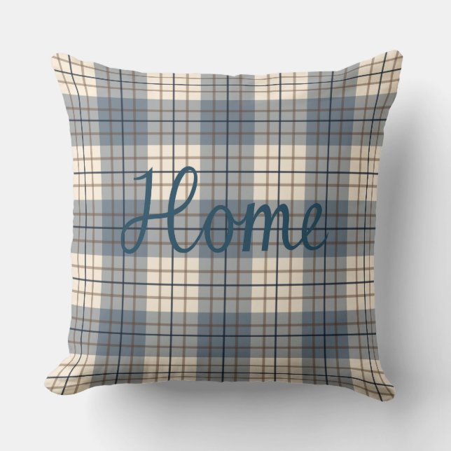 Home & Sweet on Plaid Blues Brown Cream Cushion (Front)