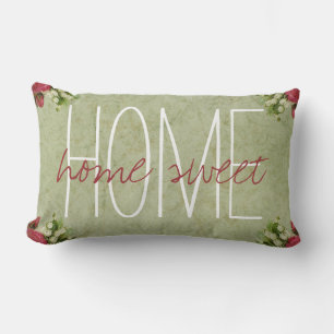 Home Sweet Rustic Vintage Roses Green Background Lumbar Cushion