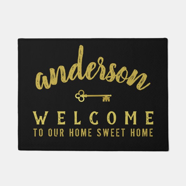 Home Sweet Welcome Classic Black Gold Personalised Doormat (Front)