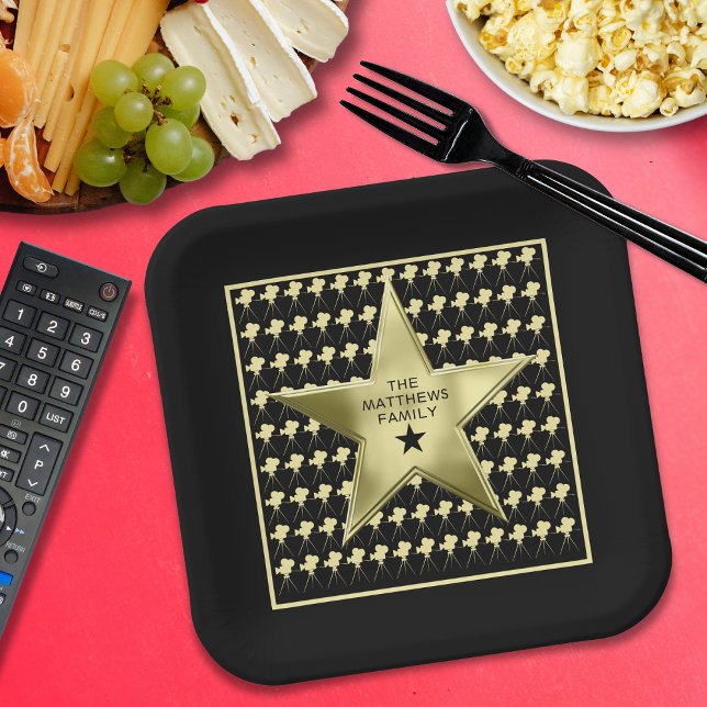 Home Theatre Personalised Family Name Movie Star Paper Plate (Fun custom name paper plates for your home theater snacks!)