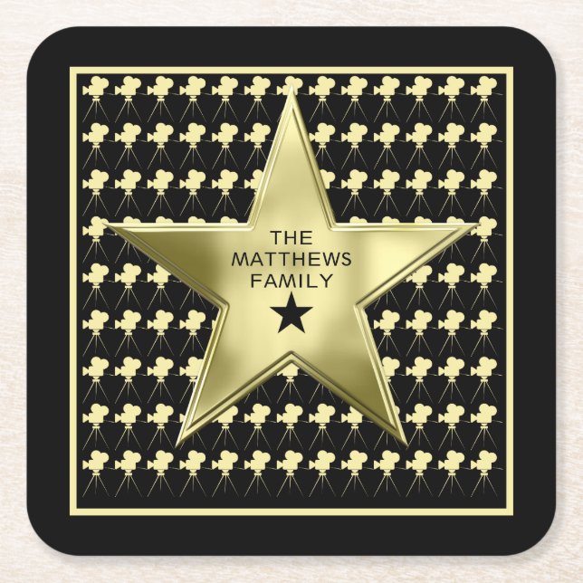 Home Theatre Personalised Family Name Movie Star Square Paper Coaster (Front)
