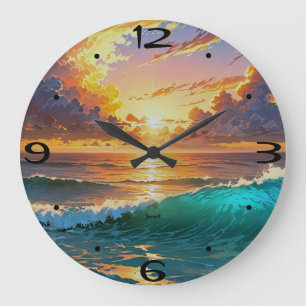Home Wall Breathtaking Sunset Ocean Waves Clouds Large Clock