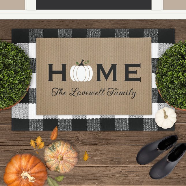 Home White Pumpkin Personalised Last Name Fall Doormat (Creator Uploaded)