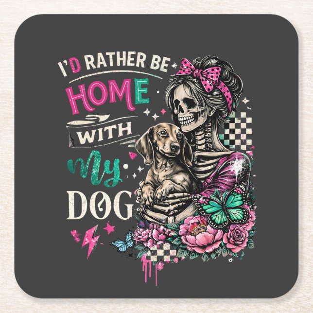 Home With My Dog Gothic Skeleton Dachshund Square Paper Coaster (Front)