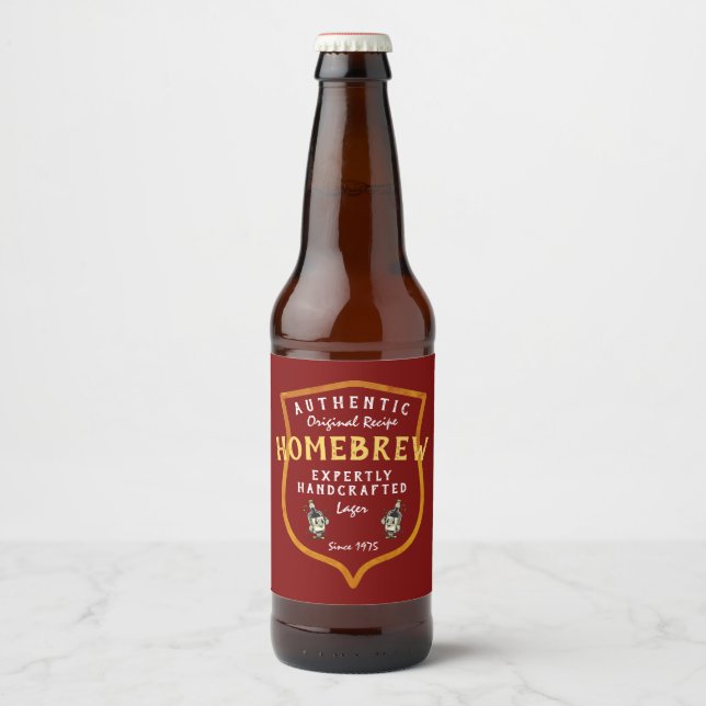 Homebrew Authentic Original Recipe Logo Dark Red Beer Bottle Label (Front)