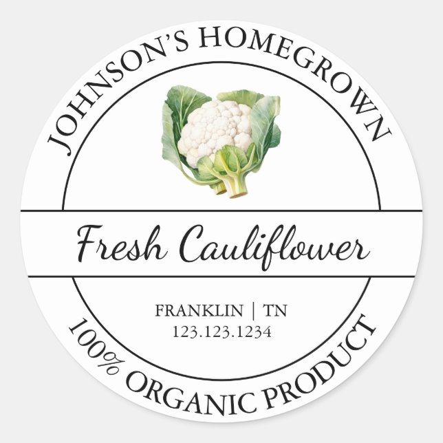 Homegrown Garden Fresh Organic Cauliflower Label (Front)