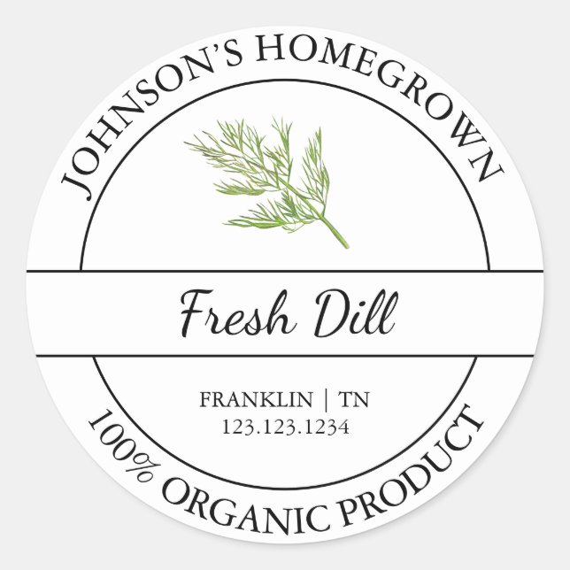 Homegrown Garden Fresh Organic Dill Label (Front)